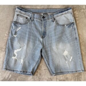 Ring Of Fire Shorts Mens SZ 33 Blue Light Wash Denim 8.5'' Faded Whisker Stretch
